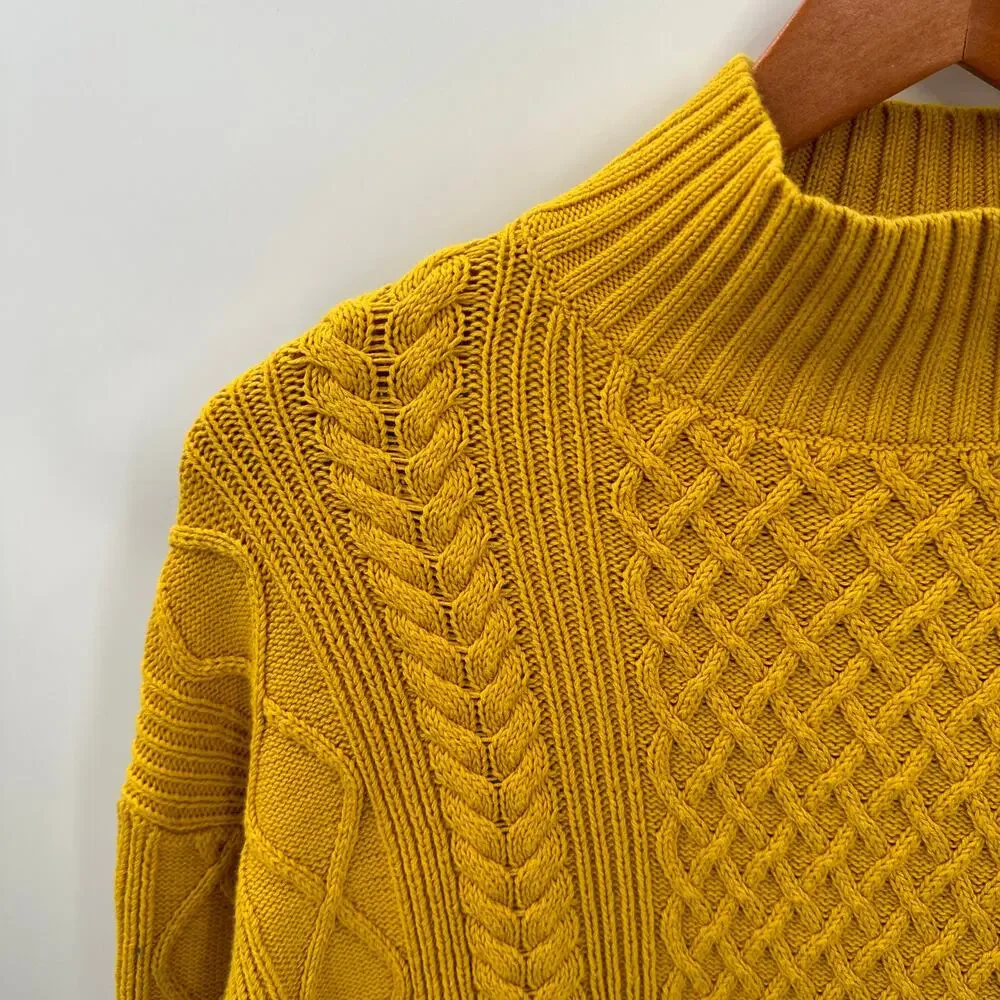 J. Crew Long Cotton Cable-Knit Mockneck Sweater in Mustard BD709 // XS